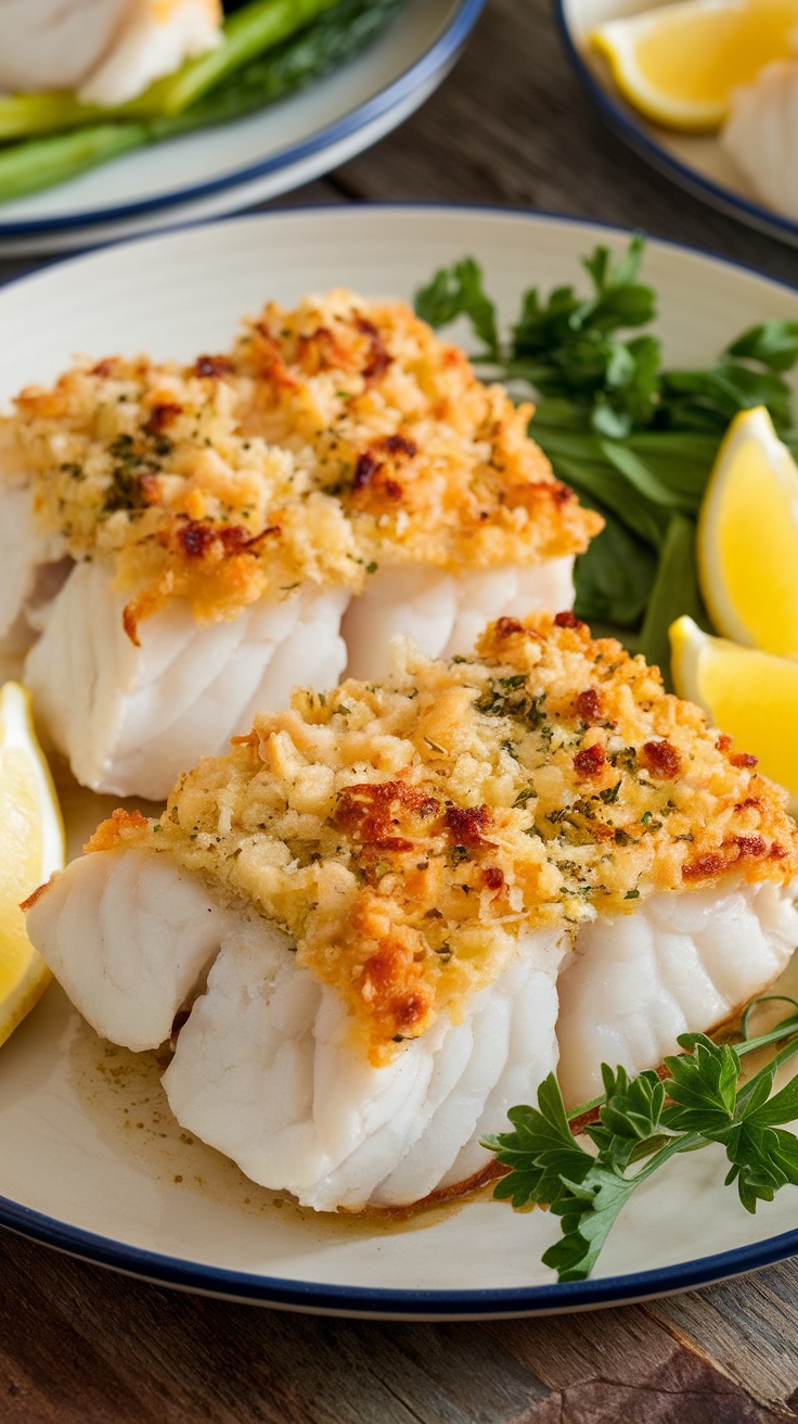 Baked Cod fillets with Parmesan crust, garnished with parsley and lemon, on a rustic wooden table.